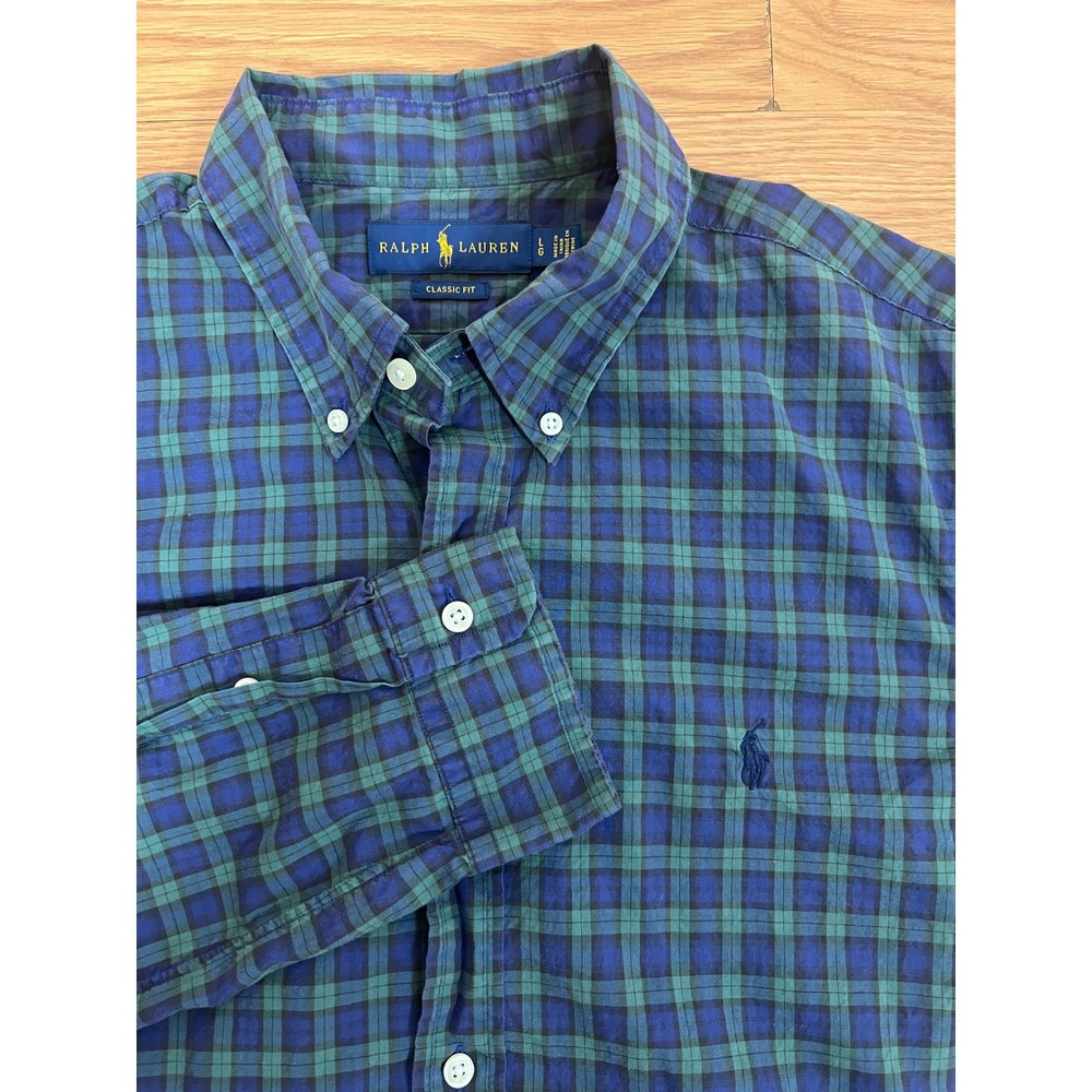 Ralph Lauren Classic Fit Plaid Button Down Shirt Mens Large Green Blue LS